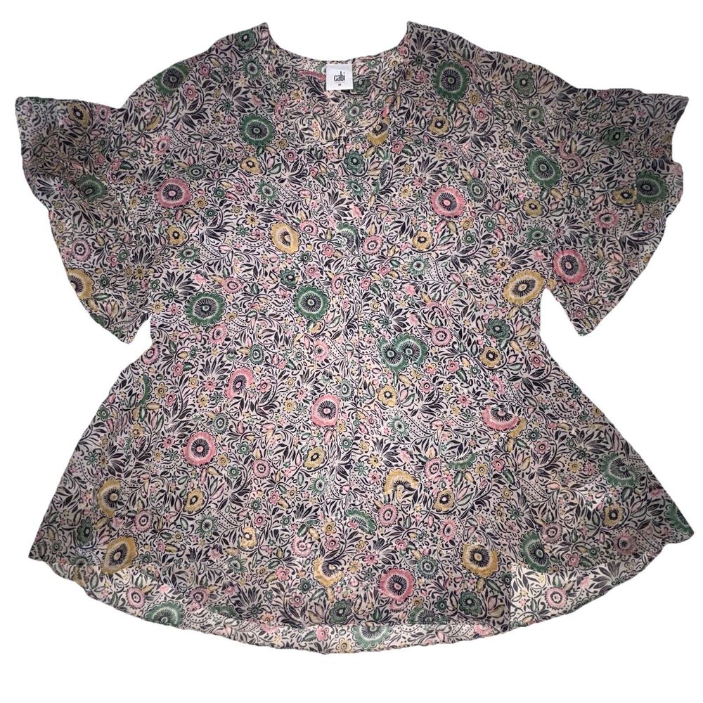 CAbi Poetic Floral Ruffled Sleeve Layered Sheer Blouse Top #5344 Size Medium